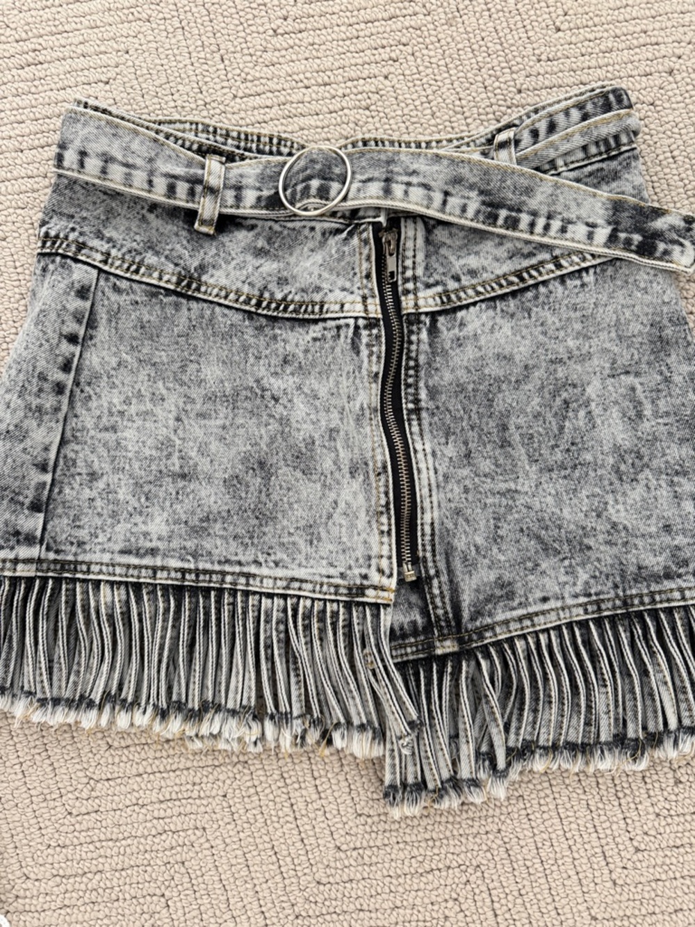 Acid Wash Fringe Denim Mini Skirt with Belt